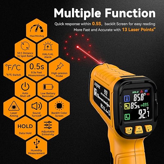 50:1 Infrared Thermometer -58F to 1796F, Laser Temp Gun with Thermocouple Probe for Pizza Oven, HVAC, BBQ, High Temp Gun with Humidity Sensor, Accurate for Home and Industrial Use