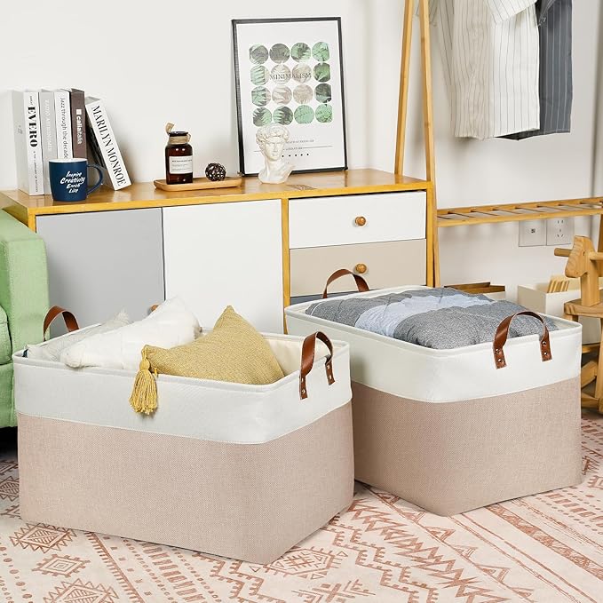 DULLEMELO Extra Large Baskets for Organizing, 22" X 15" X 13" Rectangle Fabric Storage Bins, Foldable Blanket Basket Living Room, Large Kids Toy Storage Organizer Bins, Baby Basket Gift (White&Khaki)