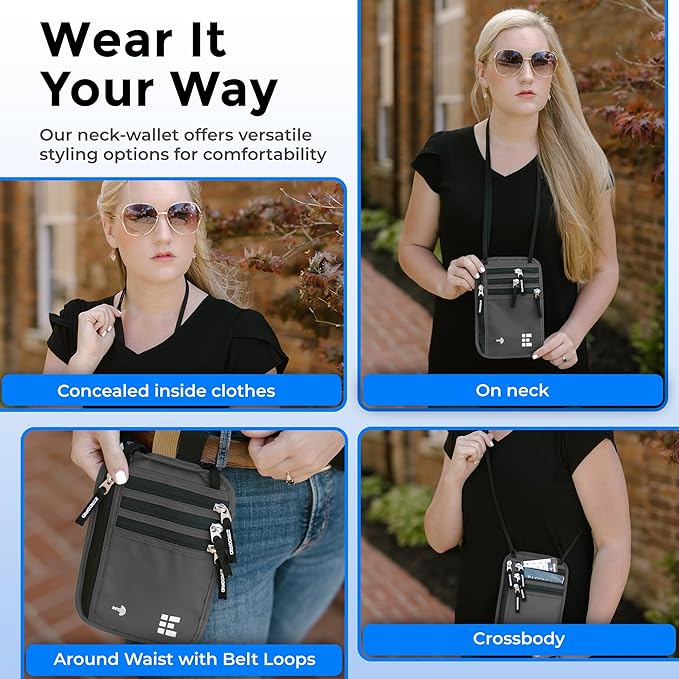 Neck Wallet for Travel & Passport Holder with RFID Blocking - Slim & Easy to Conceal Nylon Travel Pouch for men & women - Holds Phone, Cash, Cards, Keys - Sweat & Water Resistant - Large - Dark Grey