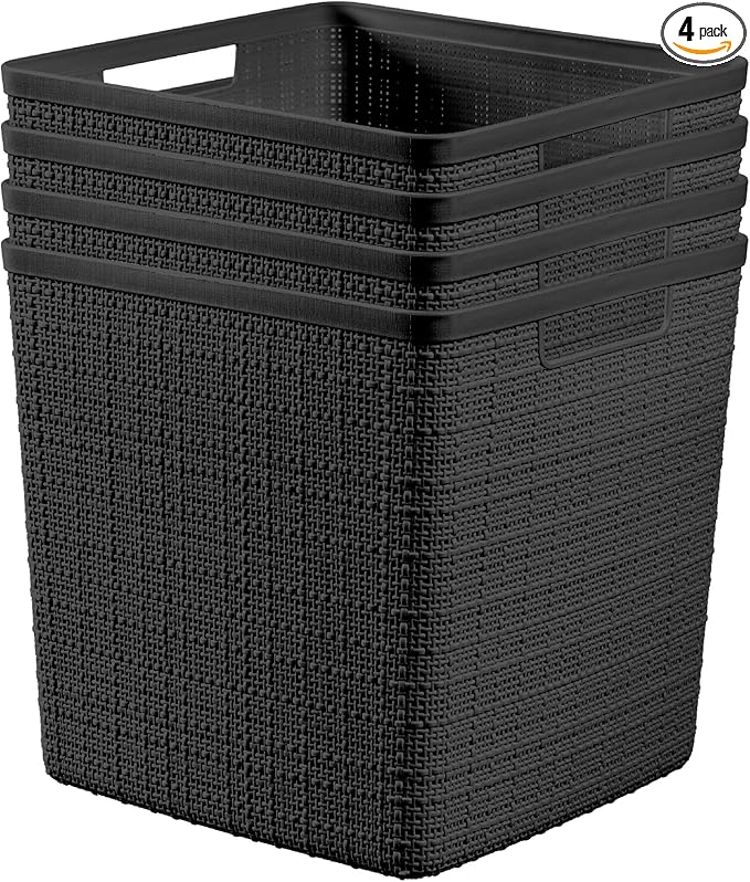 Curver Set of 4 Jute Large Cube Decorative Plastic Organization and Storage Baskets, Perfect Bins for Home Office, Closet Shelves, Kitchen Pantry and All Bedroom Essentials, Black
