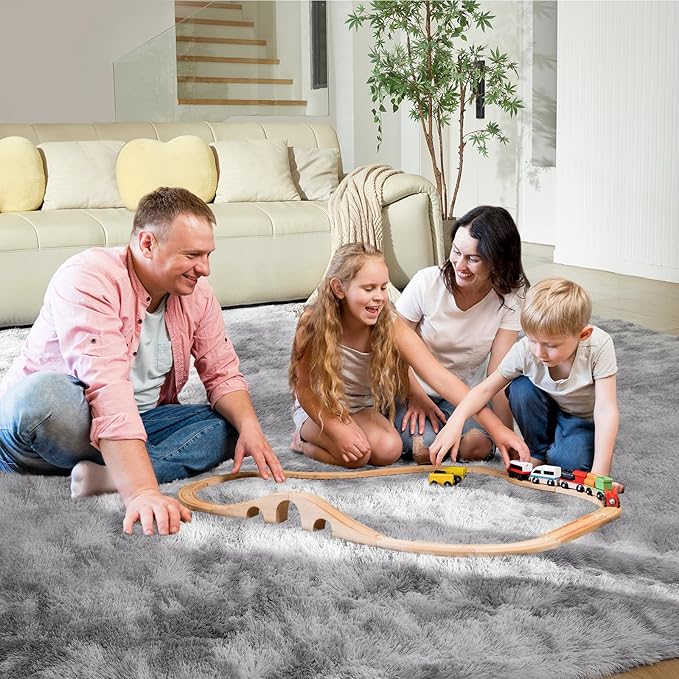 Ultra Soft Rug for Living Room, 6X9 Fluffy Shag Area Rug for Bedroom, Modern Shaggy Carpets Fuzzy Rug for Teens Dorm Nursery Home Decor Aesthetic, Upgrade Anti-Skid Durable, Tie-Dyed Light Grey