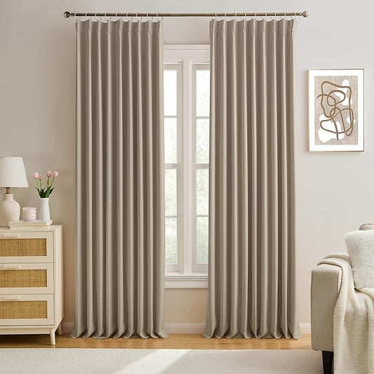 KEQIAOSUOCAI 60 Wide Pinch Pleated Window Curtain Panels 95 Inches Long Custom Made Pleated Curtains Hooks Track Privacy Memory Shape Drape for Living Room,Khaki, Set of 2=120 Inch Wide