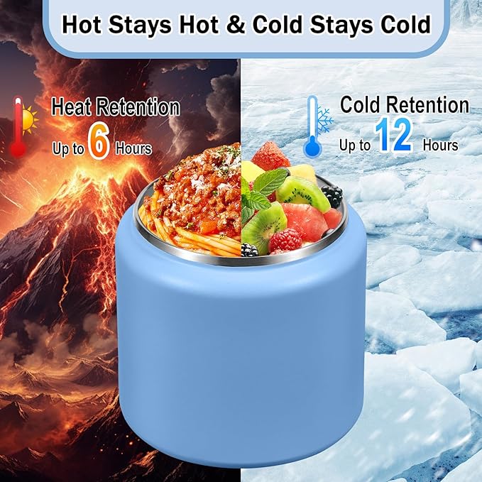 26oz Kids for Hot Food, Insulated Vacuum Food Jar with Buckle Lid, Stainless Steel Wide Mouth Leak Proof Insulated Lunch Container for School Picnic Travel, Sky Blue