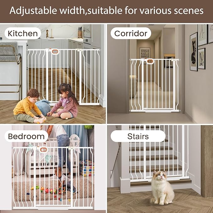 owlie 37.4" Extra Tall Wide Baby Gate for Stairs Doorways,66-75 Inch Extra Large Long Baby Gate with Door Indoor Safety Metal Pressure Mounted Pet Gate with Walk-Thru Auto Close, White