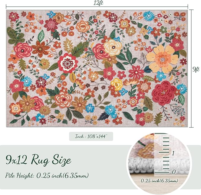 9x12 Area Rug for Living Room: Vintage Floral Washable Rug Soft Boho Non Slip Carpet Large Indoor Floor Non Shedding Low Pile Thin Carpets for Bedroom Dining Room Farmhouse Nursery Home Office Beige
