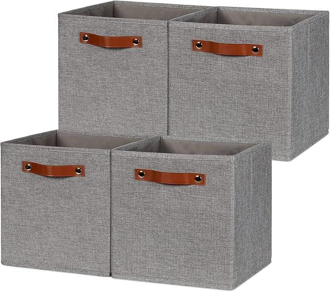 HNZIGE Shelf Storage Cubes Bins for Organizing, Set of 4, Cabby Fabric Cube 11x11 Closet Organizer with Handles (Gray)