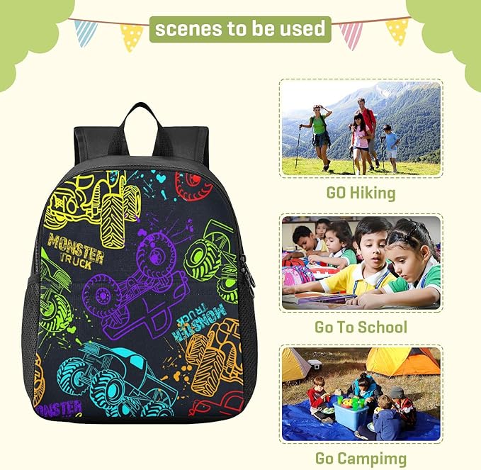 Colorful Monster Truck Toddler Backpack Waterproof Mini Backpack Boys/Girls Cute Small Kindergarten Pre School Bag