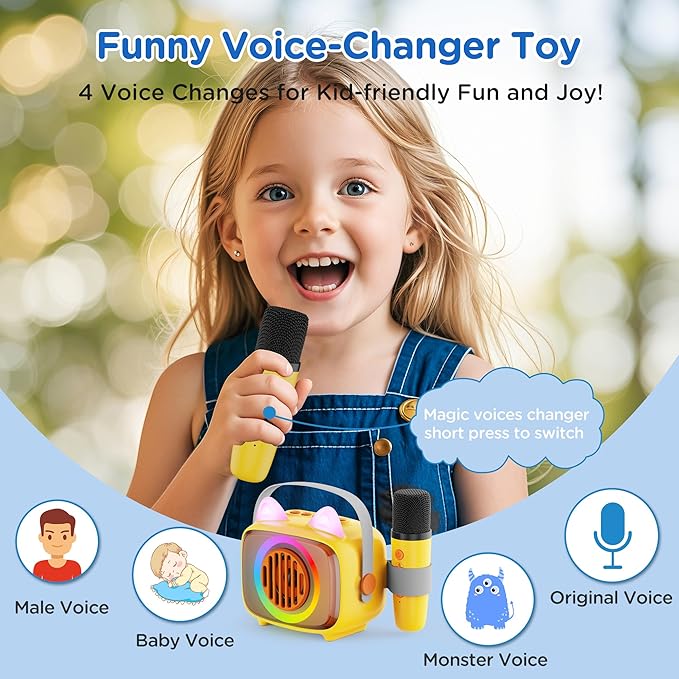 BIGASUO Karaoke Machine for Kids, Mini Portable Bluetooth Speaker with 2 Wireless Microphones and LED Lights, Kids Toys Ideal Gifts for Girls & Boys Birthday Home Party