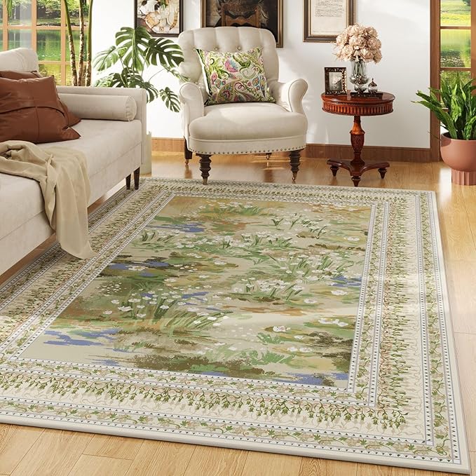 Area Rugs 8x10 Clearance Impressionist-Style Vintage Washable Area Rug Non Slip Low Pile Large Rug for Bedroom Farmhouse Dining Room Kids Playroom, Beige