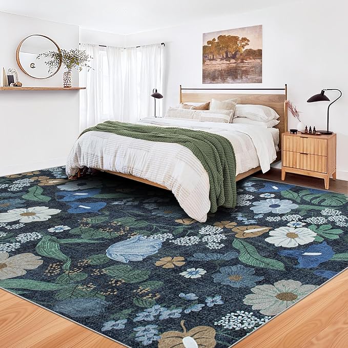 8x10 Area Rug for Living Room: Vintage Floral Washable Rug Soft Boho Non Slip Carpet Large Indoor Floor Non Shedding Low Pile Thin Carpets for Bedroom Dining Room Farmhouse Nursery Home Office Blue