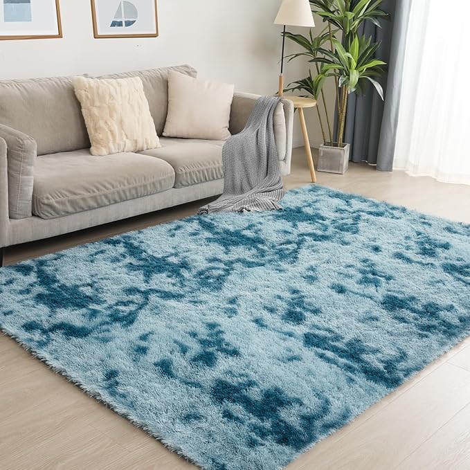 Luxury 4x6 Area Rug, Ultra Soft Rugs for Living Room, Plush Carpet Rugs for Bedroom, Non-Slip Indoor Rug for Nursery, Study Room, Playroom, Home Decor, Tie-Dyed Blue