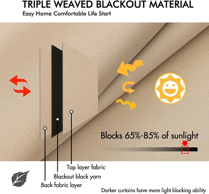 ANRODUO Back Tab Blackout Curtains for Bedroom Living Room, Rod Pocket Pinch Pleated Thermal Insulated Room Darkening Curtains 84 Inches Long 2 Panels, Beige, 42 x 84 Inch