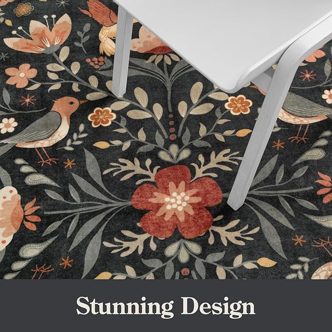 Moynesa Machine Washable 6x9 Area Rugs, Boho Bird Ultra Thin Living Room Rug Non Slip, Soft, Stain Resistant, Indoor Black Large Throw Carpet for Bedroom Office Dining Room Under Table