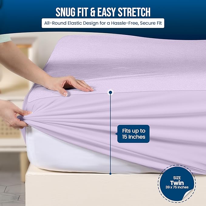 Utopia Bedding Waterproof Mattress Protector Twin Size, Premium Terry Mattress Cover 200 GSM, Breathable, Fitted Style with Stretchable Pockets (Lavender)