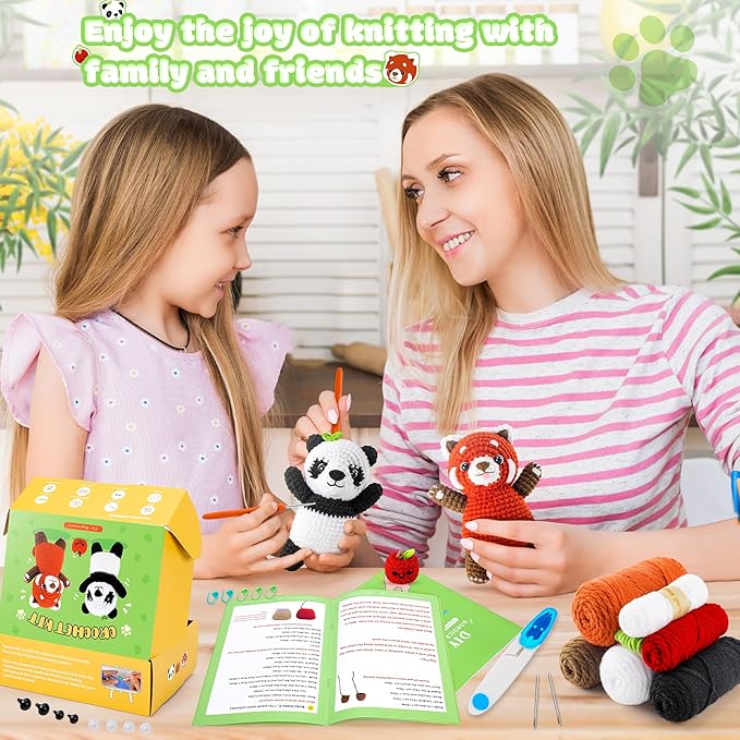 Crochet Kit for Beginners - 2PCS White and Red Panda Crochet Animal Kit with Step-by-Step Video Tutorials, Apple Crocheting Kit, Crochet Starter Kit for Kids and Adults, Beginners Knitting Kit