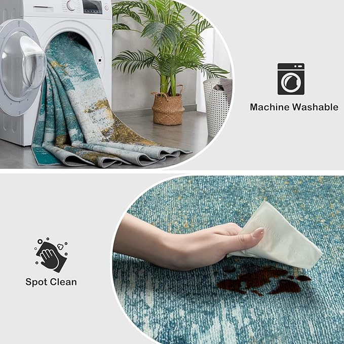 Kelarea 5x7 Blue Rugs for Living Room, Washable Non-Slip Large Rug Abstract Stain Resistant Carpet, Low Pile Soft Indoor Rug for Bedroom, Dining Room, Nursery, Kitchen, Home Office