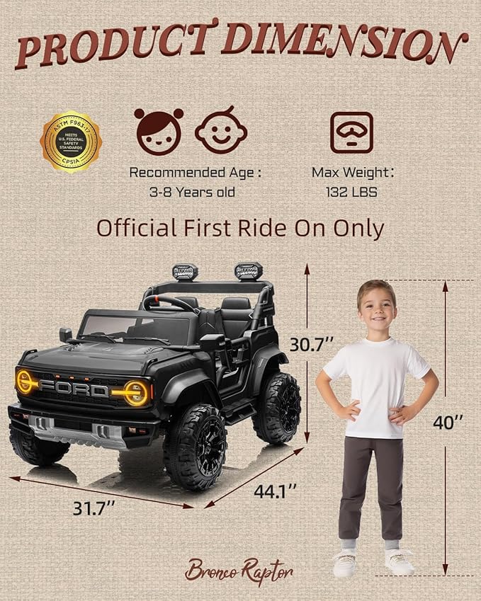 24V Ride on Toys for Big Kids, Licensed Ford Bronco Raptor Electric Car 2 Seater with Remote Control, Kids Ride on Cars w/ 2-Seater, 4.3 Mph Max Speed, Soft Start Function (24V, Black)