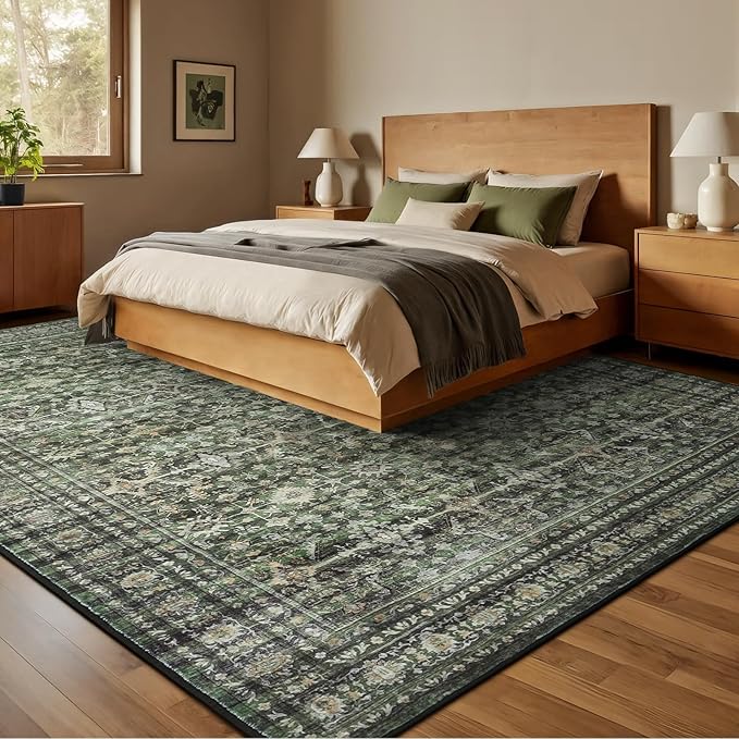 Lofus 9x12 Area Rug for Living Room,Green Washable Large Rugs with Non-Slip Backing,Soft Boho Carpets for Bedroom Dining Room Home Office Indoor Nursery