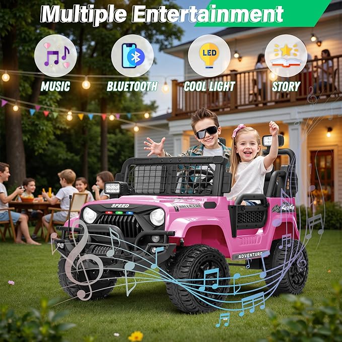 2 Seater Ride On Car Truck with Remote Control XL, Kids 24V Battery Powered Electric Vihicle w/21 in Seat, 3 Speeds, 2WD/4WD Switichable, Shock Absorbers,Bluetooth, Flower, Gift Choice