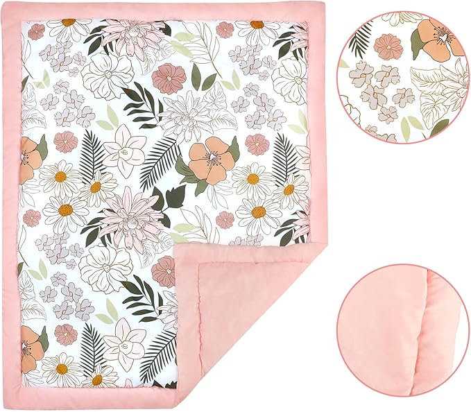 4-Piece Crib Bedding Set for Girls, Pink Baby Girl Bedding Set with Crib Skirt, Baby Quilt, Crib Sheet and Diaper Stacker, Daisy Flower