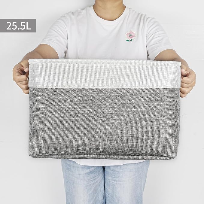 Storage Bins Large Fabric Storage Baskets for Shelves 3 Pack, Decorative Linen Closet Baskets with Handles for Organizing, Shelf, Clothes, Home, Office, 15x11x9.5Inches (Grey&White)