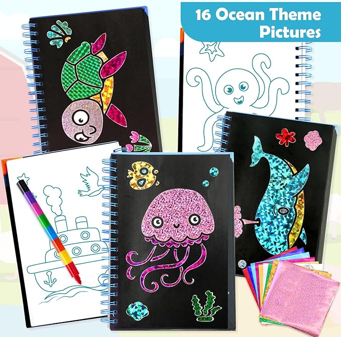 FUNNYB&G Foil Art Craft Activity for Kids - Gift for Girls Boys Crafts for Kids Fun Art Supplies DIY Creative Travel Toy, Birthday Gift Party Favor Toys for Girls Boys 4 5 6 7 8 9 Years Old(Ocean)