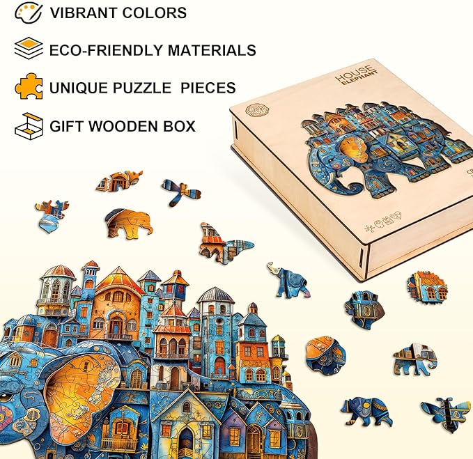 Jigfoxy Wooden Puzzles for Adults, Elephant House Wood Puzzles Adult, Unique Animal Shape Wooden Jigsaw Puzzles for Adults, Birthday Gifts for Puzzle Lovers, Family, Friend (S-8.5 * 7.4in-100pcs)