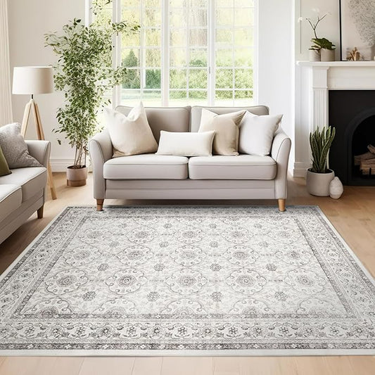 jinchan Floral Area Rugs 4x6 - Machine Washable Vintage Distressed Boho Design Throw Rug Stain Resistant Carpet Low Pile Ultra-Thin Non-Slip for Bedroom Living Room Dining Room Kitchen (4‘x6',Beige)