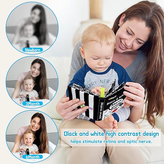 Dr.Rapeti Soft Cloth Books Baby Books Bath Books 6-Pack for Baby Infant Toddler Kids High Contrast Black and White Crinkle Washable Chewable Non-Toxic Early Educational Giftable