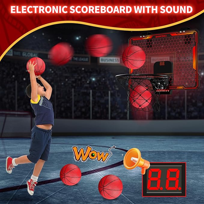 Mini Basketball Hoop with LED Lighting, Electronic Scoreboard, 3 Modes, Over Door Mount, Gift for Kids & Adults (Red)
