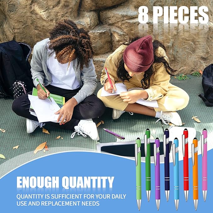 8 Pieces Ballpoint Pen with Stylus Tip Black Ink 2 in 1 Stylus Metal 1.0 mm Medium Point Smooth Pen Rainbow Colorful Rubberized Ballpoint for Touch Screen Tablet(Rainbow Color)