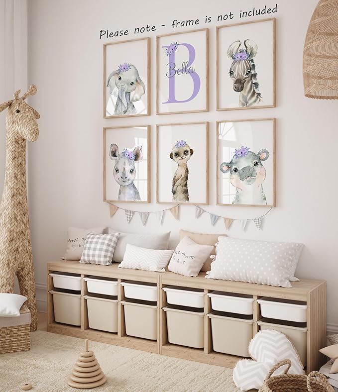 Personalized Safari Animals for Baby Girls Nursery, Set of 6 Unframed Poster Prints, Personalized Name Pink Lilac Floral, Girls Bedroom Decor, Elephant Giraffe (8x10)
