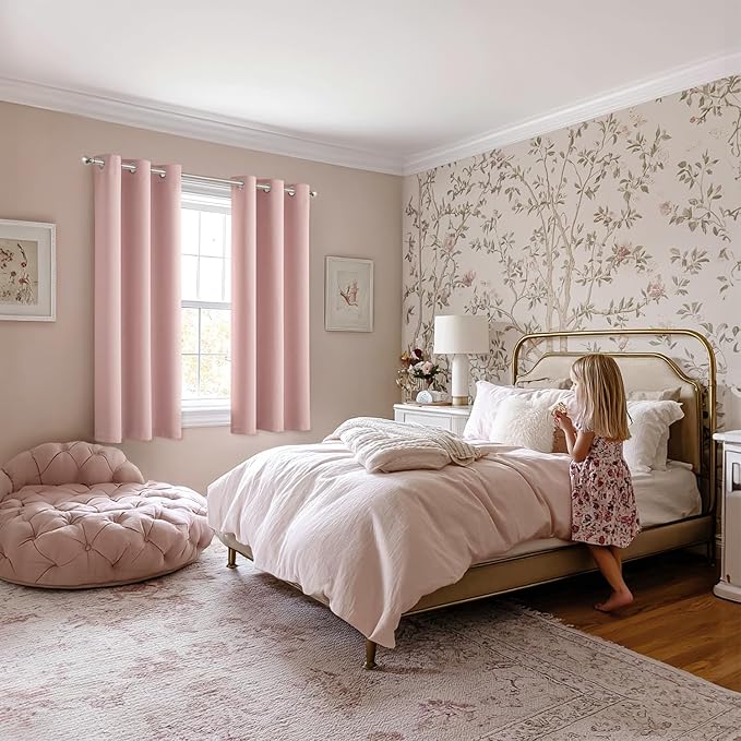 MIULEE Baby Pink Blackout Curtains for Girls Bedroom Living Room 64 Inches Long 2 Panels, Nursery Thermal Insulated Room Darkening Drapes Solid Grommet Top Noise Reducing Window Curtains 40x64 Inch