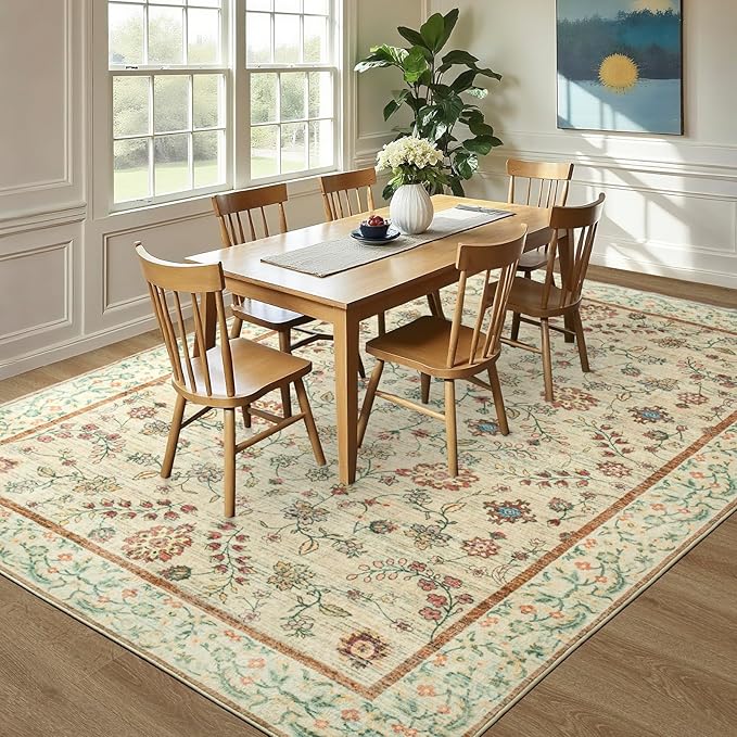 LOCHAS Washable Area Rugs 6x9, Beige Floral Rug for Living Room Bedroom Non Slip, Ultra Soft Vintage Indoor Carpet for Kids, Nursery, Dorm, Dining Room, Classroom, Boho Flower Home Decor, Low-Pile