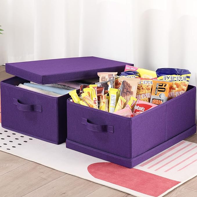 HOONEX Storage Bins with Lids for Organizing, Pack of 2, Storage Boxes with 2 Carry Handles and Sturdy Heavy Cardboard, 16.5" L x 11.8" W x 7.5" H for Shoes, Books, Clothes, Nursery, Dark Purple