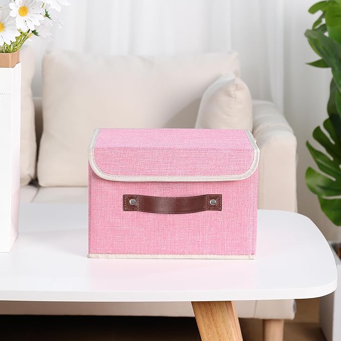 ANMINY Storage Bin with Lid Storage Boxes with PU Leather Handles PP Plastic Board Decorative Foldable Lidded Cotton Linen Fabric Home Cubes Baskets Closet Organizer Container - Pink, Small Size