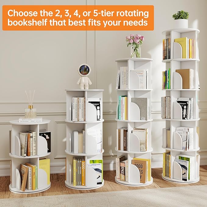 Rotating 3-Tier Bookshelf, 360° Spinning Corner Bookcase with Lazy Susan, White Space Saving Organizer for Study Room, Home Office, Kids Rooms, Bedroom, Adults & Kids