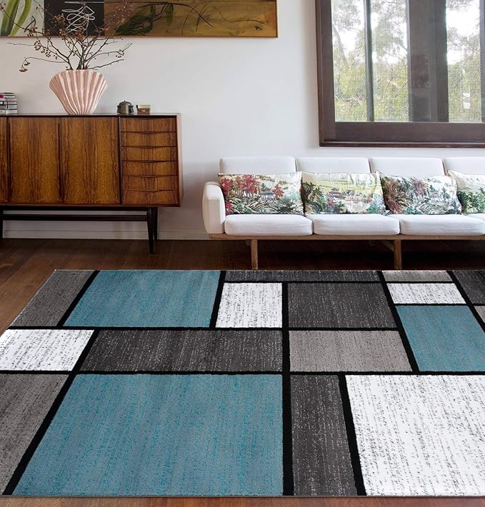 Rugshop Contemporary Modern Boxes for Home Office,Living Room,Bedroom,Kitchen Non Shedding Area Rug 10' X 14' Blue/Gray