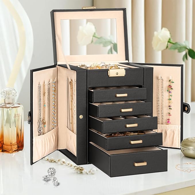 AKOZLIN 6-Tier Jewelry Box Lockable Leather Jewelry Storage Case with 5 Drawers for Women Girls Ring Necklace Earring Bracelet Holder Organizer with Mirror