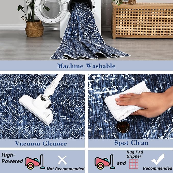 COZYLOOM Area Rug 5x7 Washable Rug for Living Room Bedroom Playroom Nursery Vintage Non Slip Low Pile Soft Throw Floor Cover Geometric Tribal Foldable Indoor Carpet, Blue