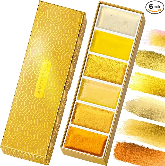 ARTISTRO Professional Metallic Watercolor Paint Set for Adults - 6 Pigment-Rich Gold Colors, XL Pans, ASTM-I Lightfastness, High Tinting Strength Watercolor Set for Professionals made by professionals
