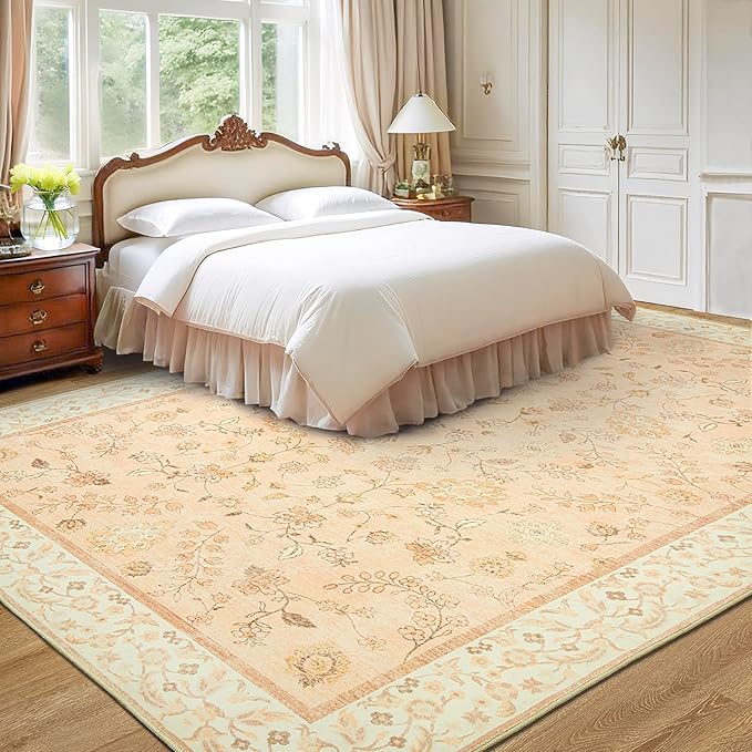 LOCHAS Washable Area Rugs 6x9, Peach Floral Rug for Living Room Bedroom Non Slip, Ultra Soft Vintage Indoor Carpet for Kids, Nursery, Dorm, Dining Room, Classroom, Boho Flower Home Decor, Low-Pile
