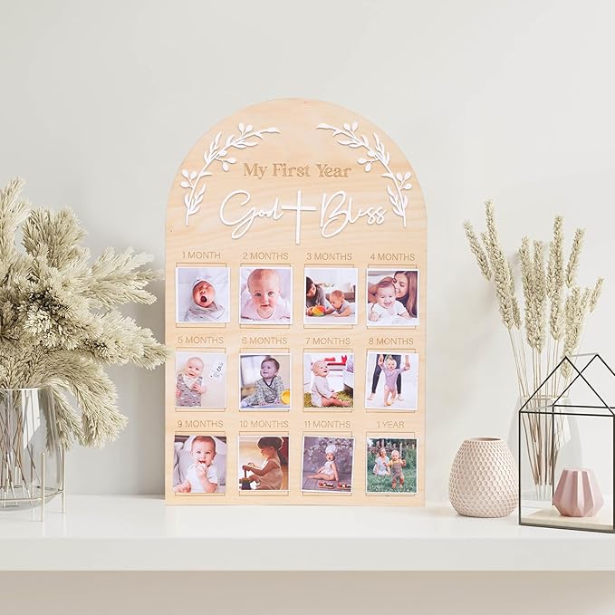 God Bless My First Year Photo Board - 1st Holy Communion Monthly Photos Display,God Bless 1 To 12 Months Photo Wooden Board,Baby Baptism Party Milestone Photos,Wooden Cross Photo Board (God Bless)