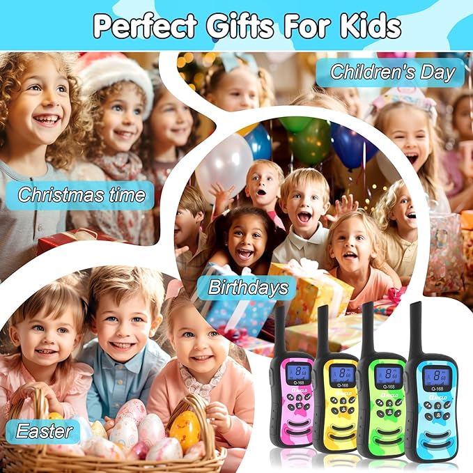 Qniglo Kids Walkie Talkies Rechargeable with USB Charger, 3 Pack Walki Talki for 3-12 Years Old Boys Girls Toys Gifts, Walkie-Talkies with Flashlight Lanyard for Camping Games and Indoor Playing