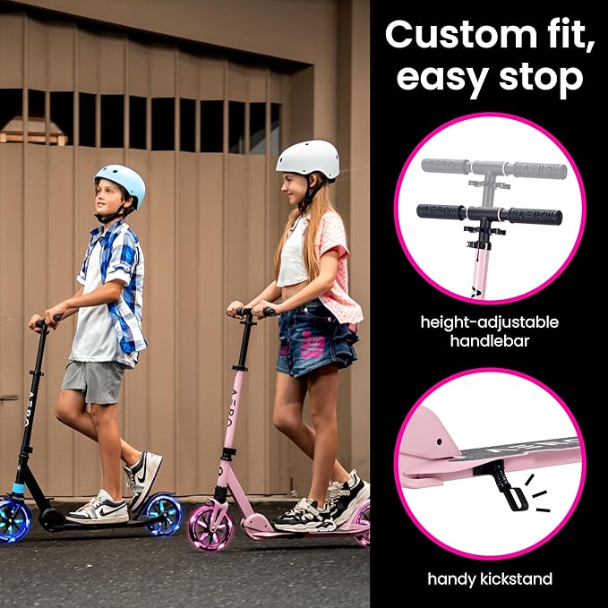 Aero Big Wheels Kick Scooter for Kids 6+, Teens & Adults | Light Up Wheels, Hand Brake, Rubber Deck Mat & Shock Absorption | Foldable & Height Adjustable