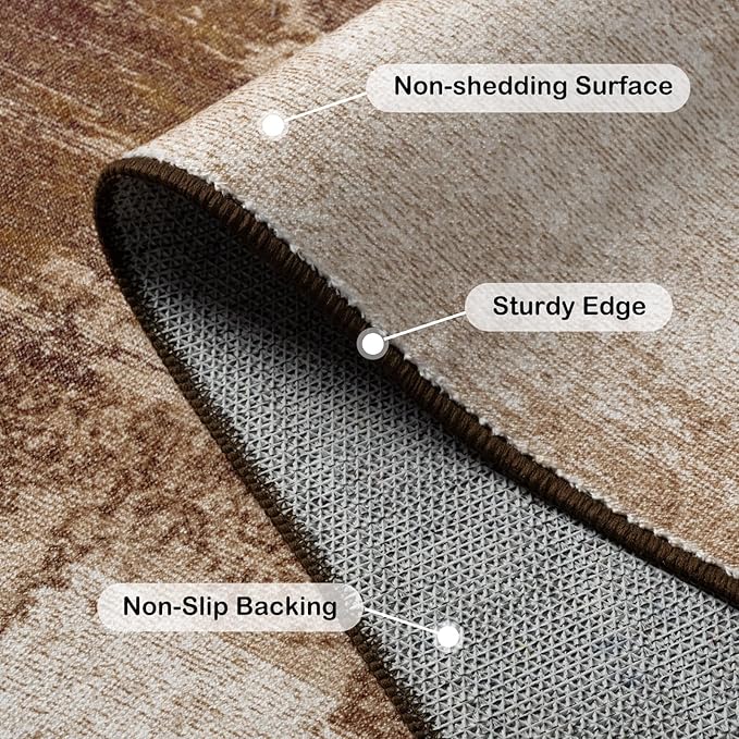 Kelarea Living Room Rug, 9x12 Rug Modern Abstract Washable Rugs, Brown Vintage Low Pile Carpet, Non Slip Large Rugs for Bedroom, Dining Room, College Dorm, Home Office