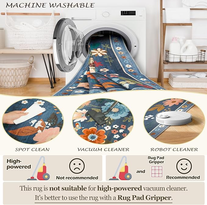 Floral 4ft Area Rug Machine Washable Soft Print Boho Carpet Non Slip Doormat Low Pile Flower Area Rugs for Living Room Bedroom Nursery Kitchen Dining Room Indoor-Blue/Grey