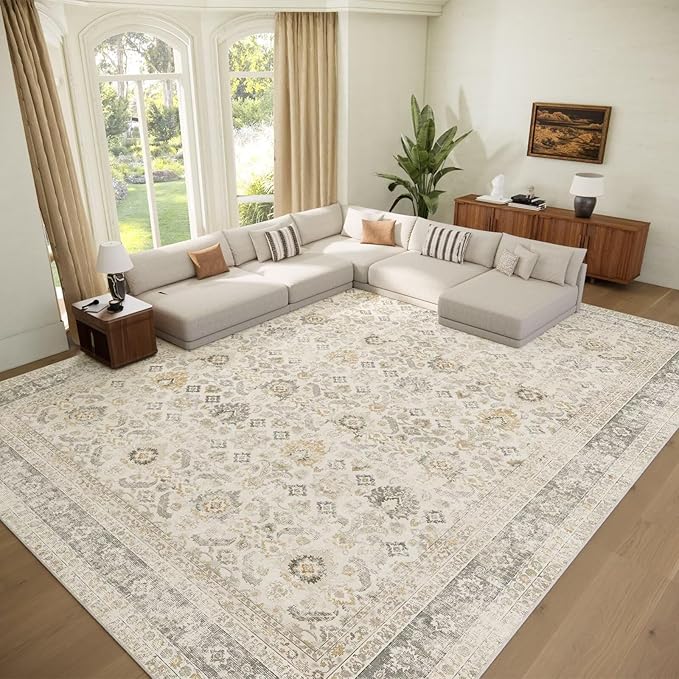 Washable 10x14 Area Rugs for Living Room, Boho Non-Slip Silicone Backing Rugs for Bedroom Dining Room Office, 0.3" Neutral Oriental Throw Carpet with 0.16" Cushioning Pad, Grey/Multi