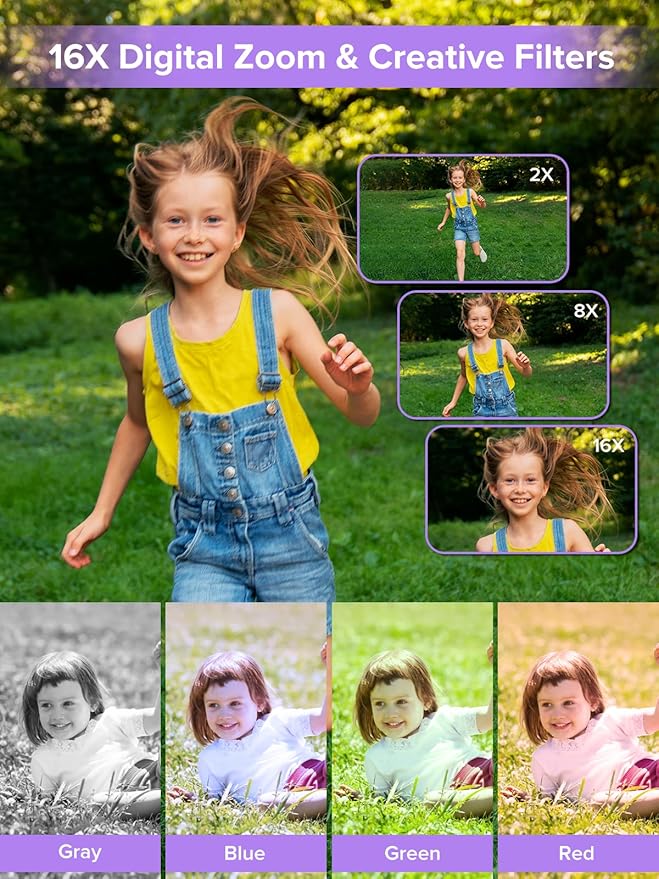 Digital Camera, Kids Camera1080P, Vlog Camera with 64GB Card, 16X Zoom Anti Shake, Card Reader, 44MP Compact Portable Small Point Shoot Digicam Gift for Kid Student Children Teen Girl Boy(Pruple)