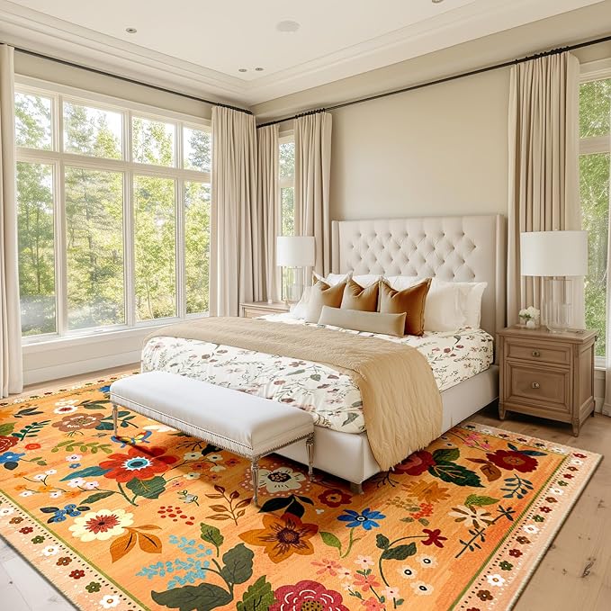 Floral 9x12 Area Rug Machine Washable Soft Print Boho Carpet Non Slip Doormat Low Pile Flower Area Rugs for Living Room Bedroom Nursery Kitchen Dining Room Indoor-Yellow/Orange